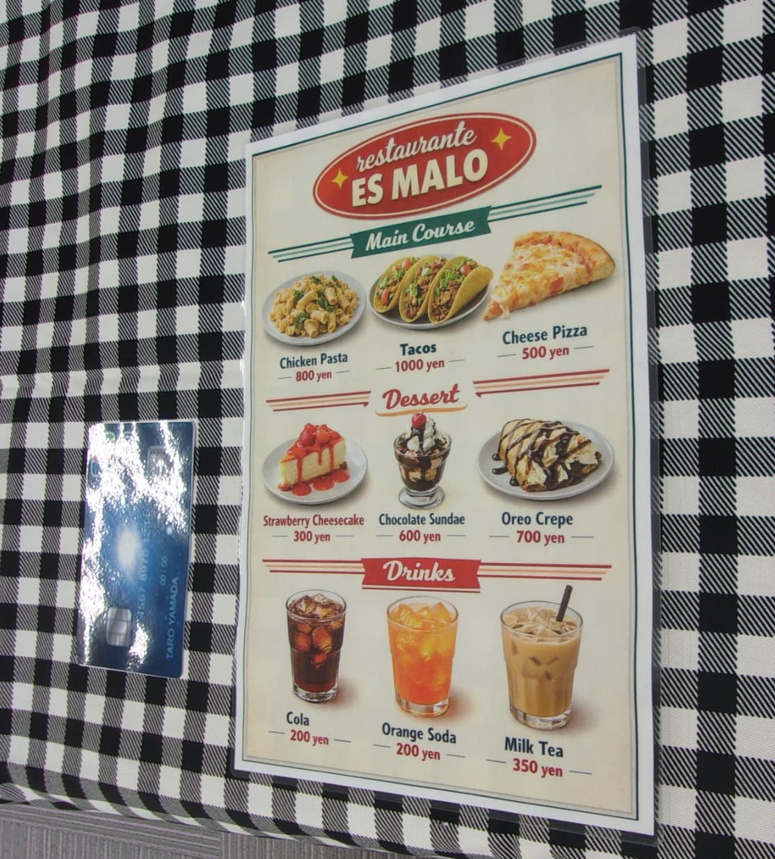 先生お手製のレストランのメニュー