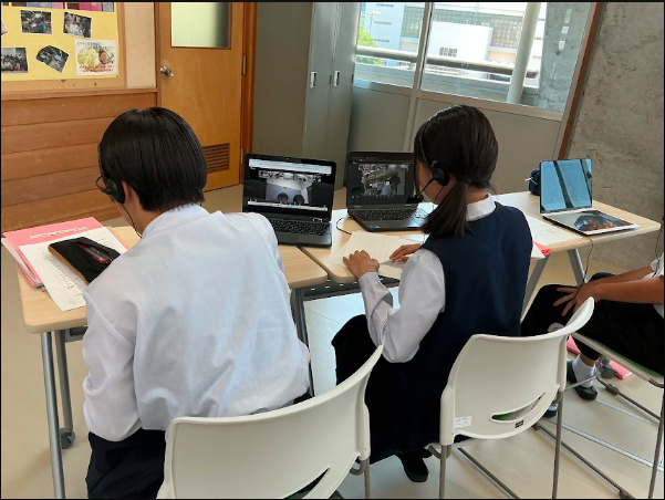 遠隔交流をする佐伯中学校1年生