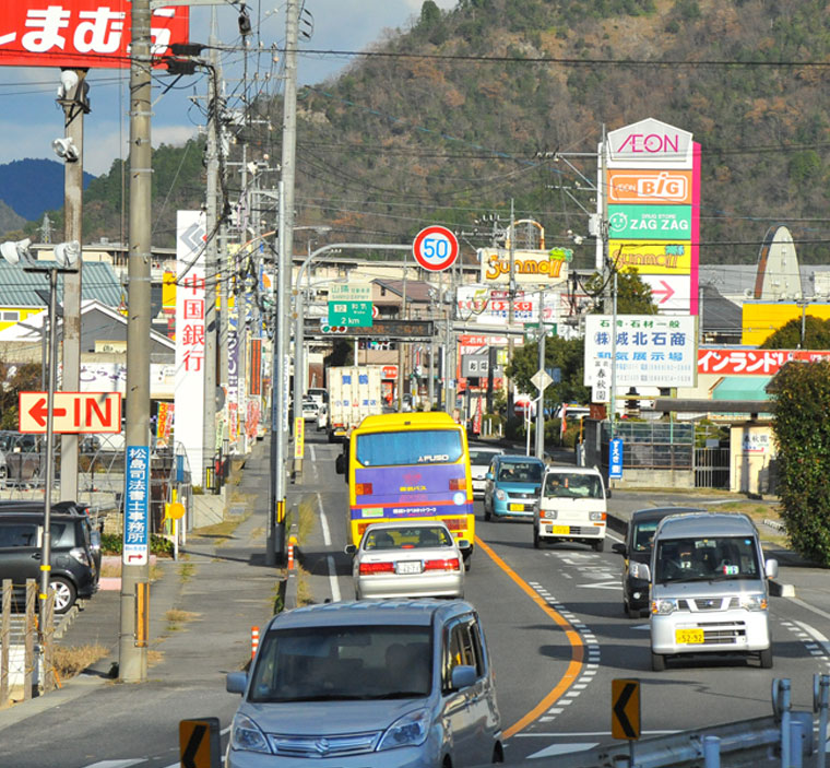 沢山の車が往来している道路の左右に、銀行やショッピングモールなどの店舗が並んでいる写真