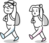 男性と女性がリュックを背負い、左手を挙げながら歩いているイラスト