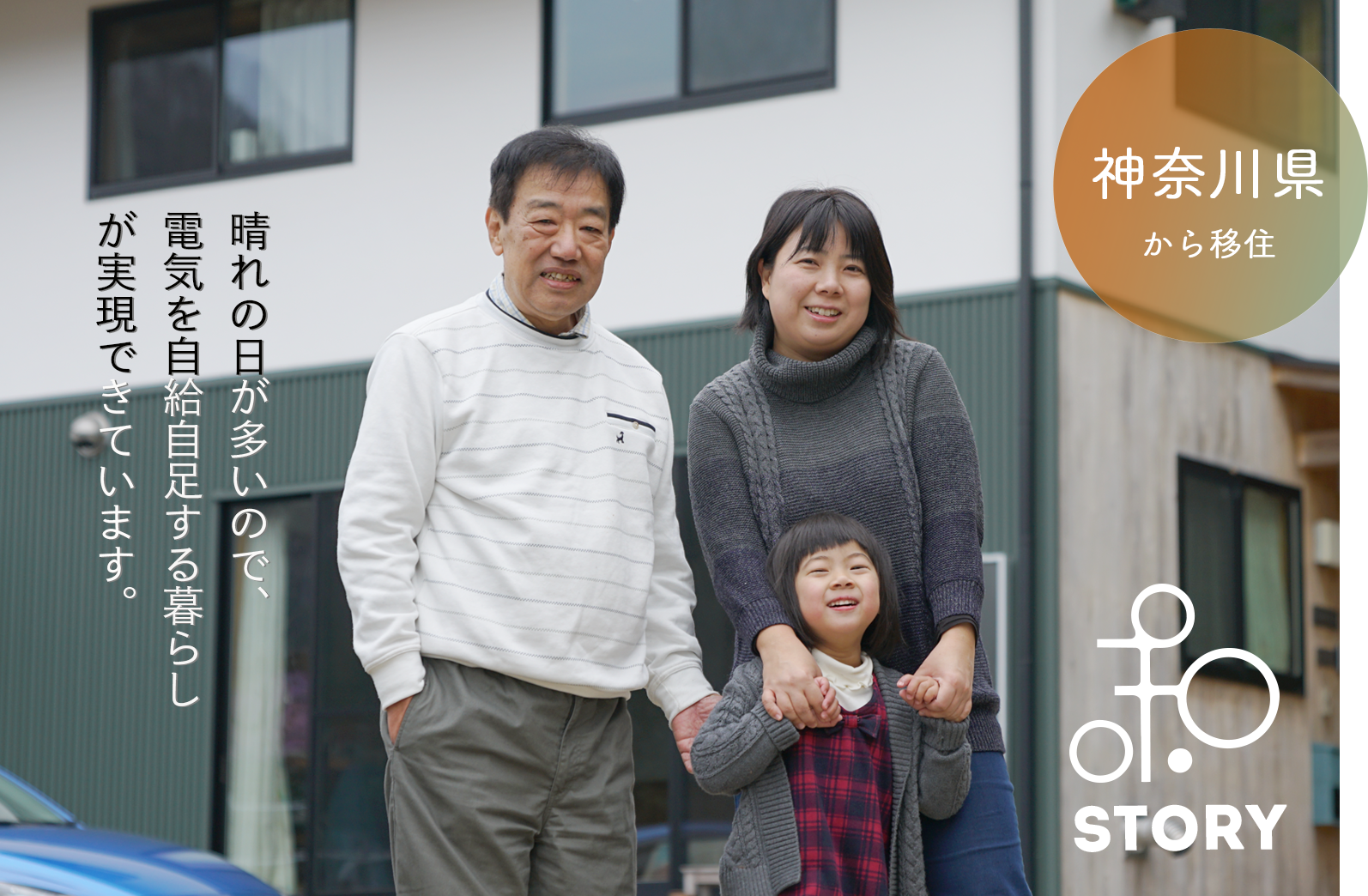 右上に「神奈川県から移住」左側に「晴れの日が多いので、電気を自給自足する暮らしが実現できています。」と書かれた田中家の家族写真（田中家インタビューのページへリンク）